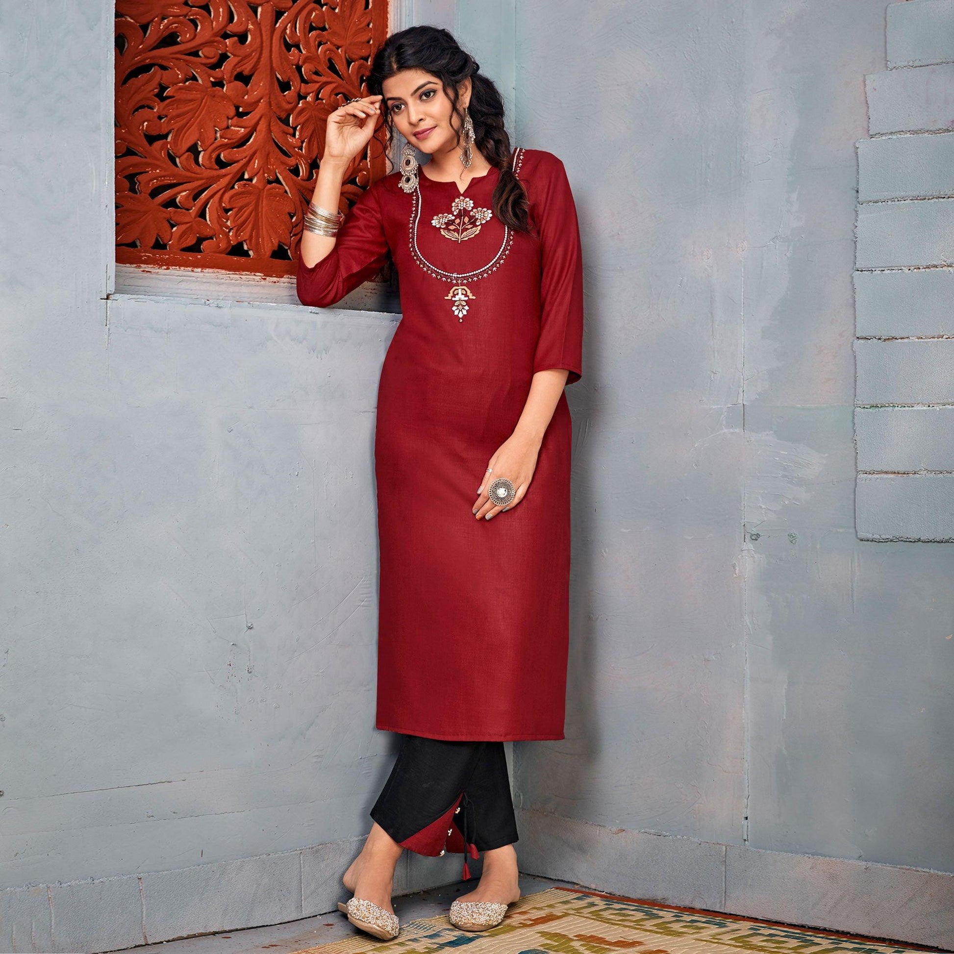 Maroon Embroidered With Embellished Rayon Kurti Pant Set