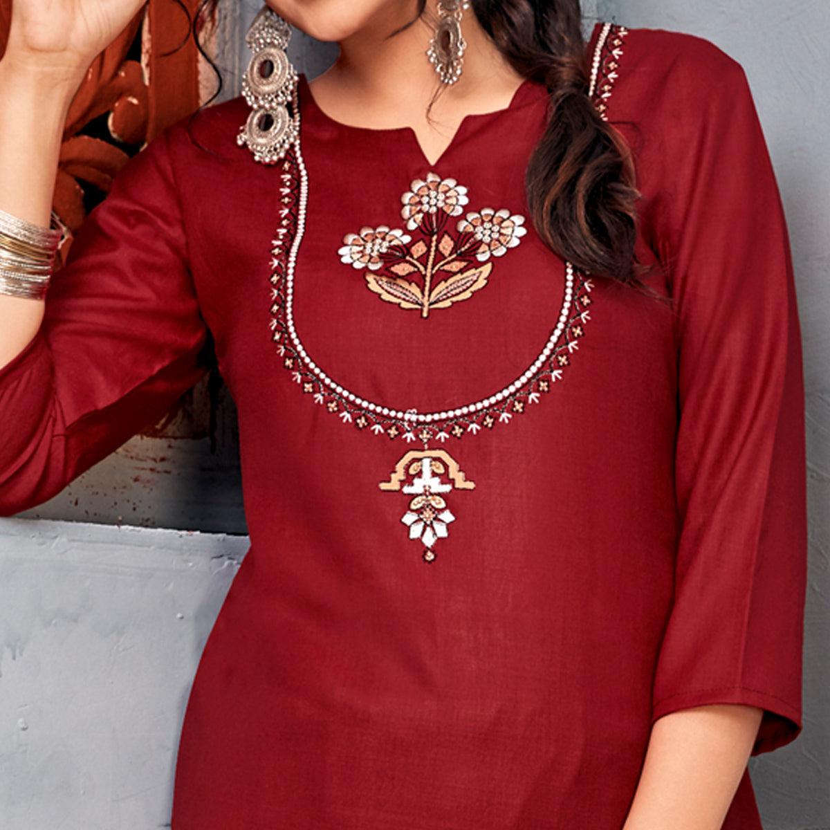 Maroon Embroidered With Embellished Rayon Kurti Pant Set