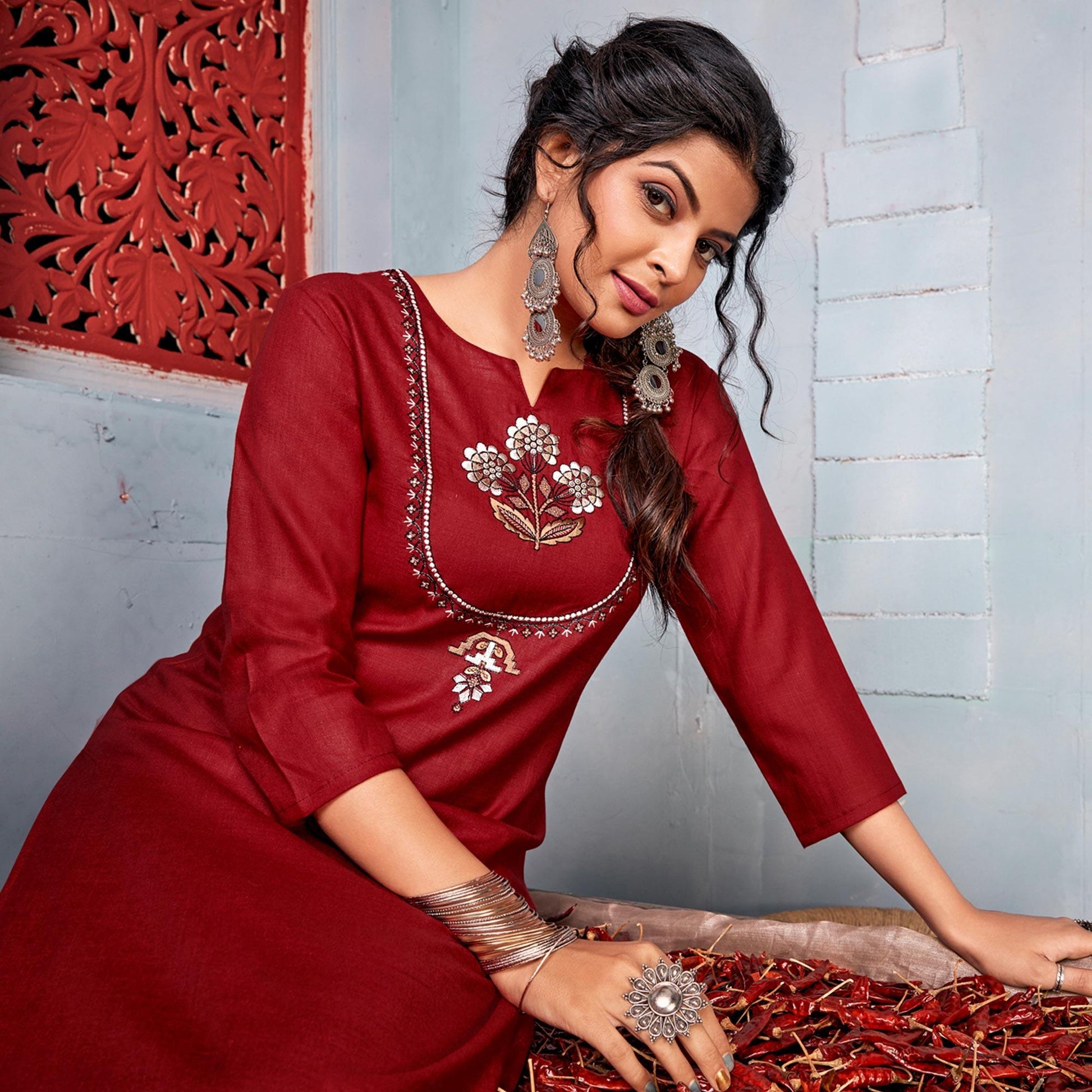 Maroon Embroidered With Embellished Rayon Kurti Pant Set