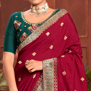 Maroon Embroidered With Embellished Vichitra Silk Saree