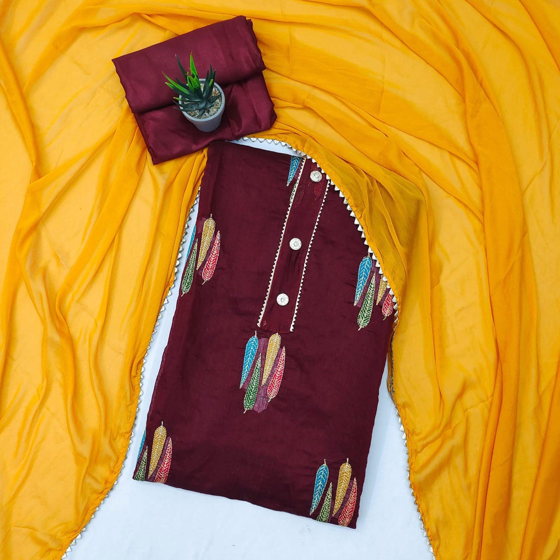 Maroon Embroidered With Gota Patti Work Chanderi Dress Material