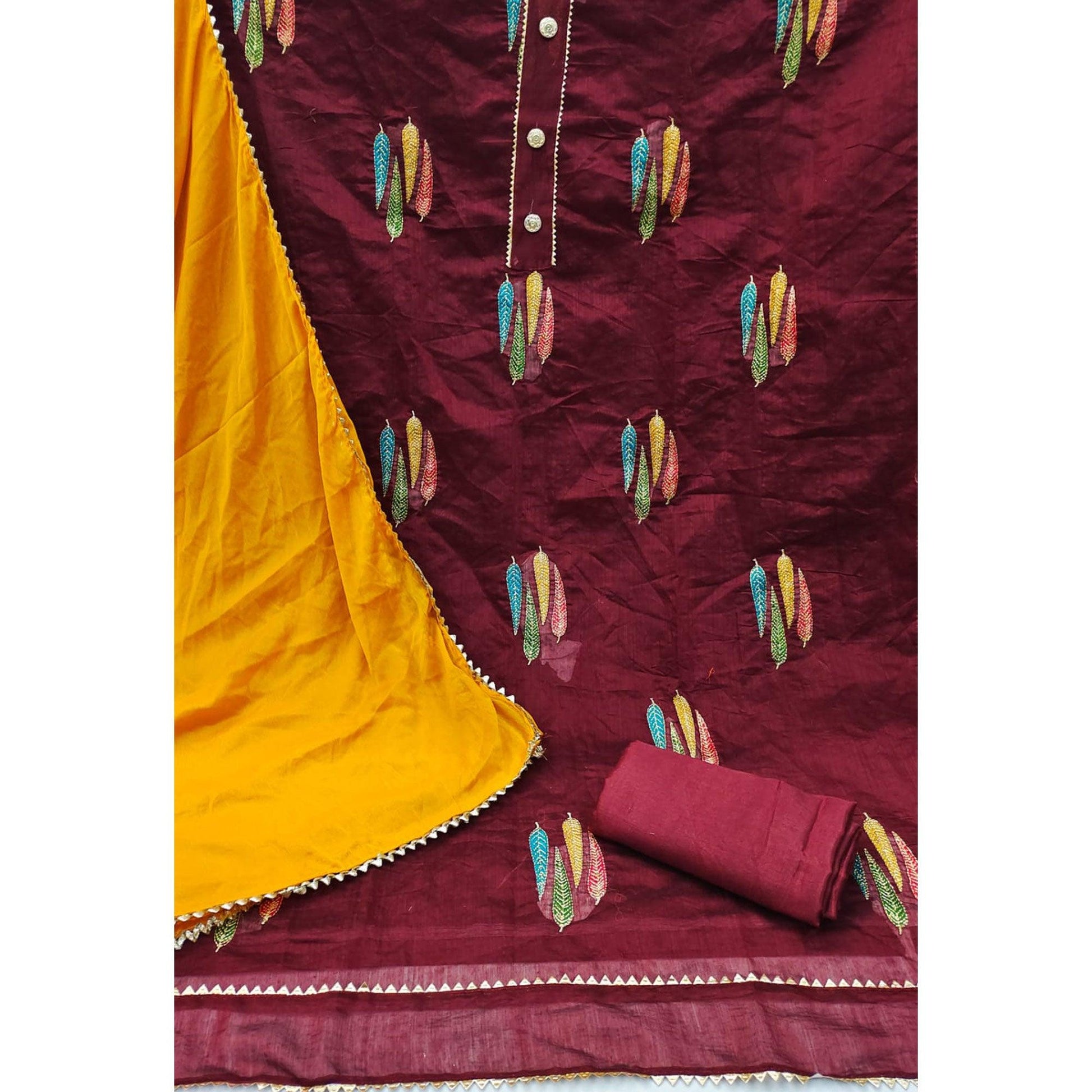 Maroon Embroidered With Gota Patti Work Chanderi Dress Material