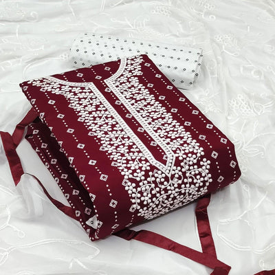 Maroon Embroidered With Printed Rayon Dress Material