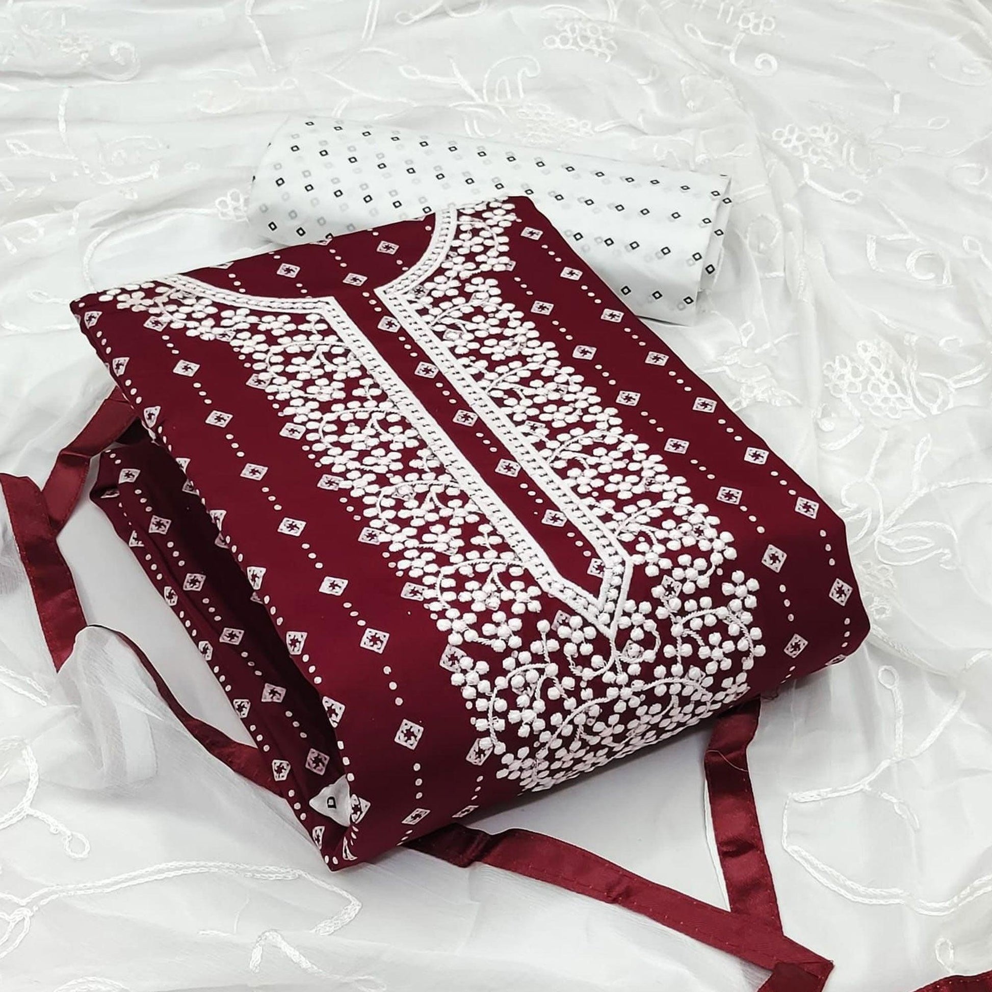 Maroon Embroidered With Printed Rayon Dress Material