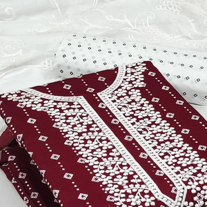 Maroon Embroidered With Printed Rayon Dress Material