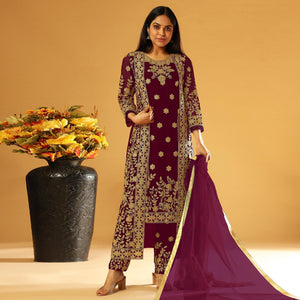 Maroon Embroidery & Cording Work Net Partywear Suit With Koti