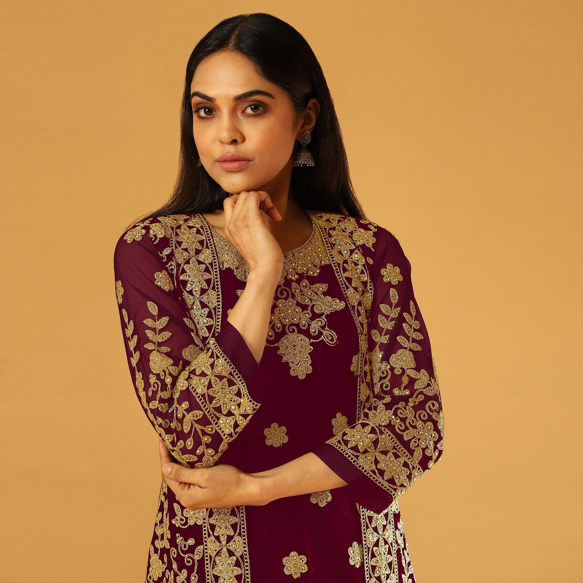 Maroon Embroidery & Cording Work Net Partywear Suit With Koti