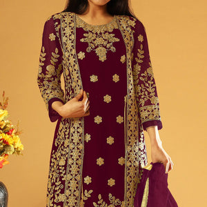 Maroon Embroidery & Cording Work Net Partywear Suit With Koti