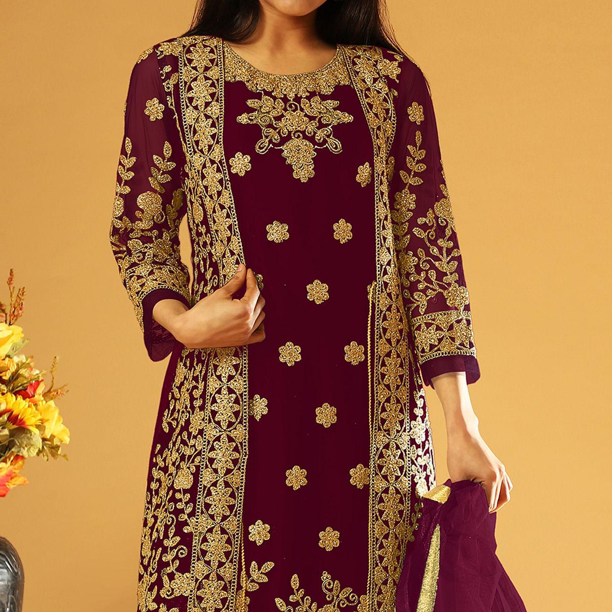 Maroon Embroidery & Cording Work Net Partywear Suit With Koti