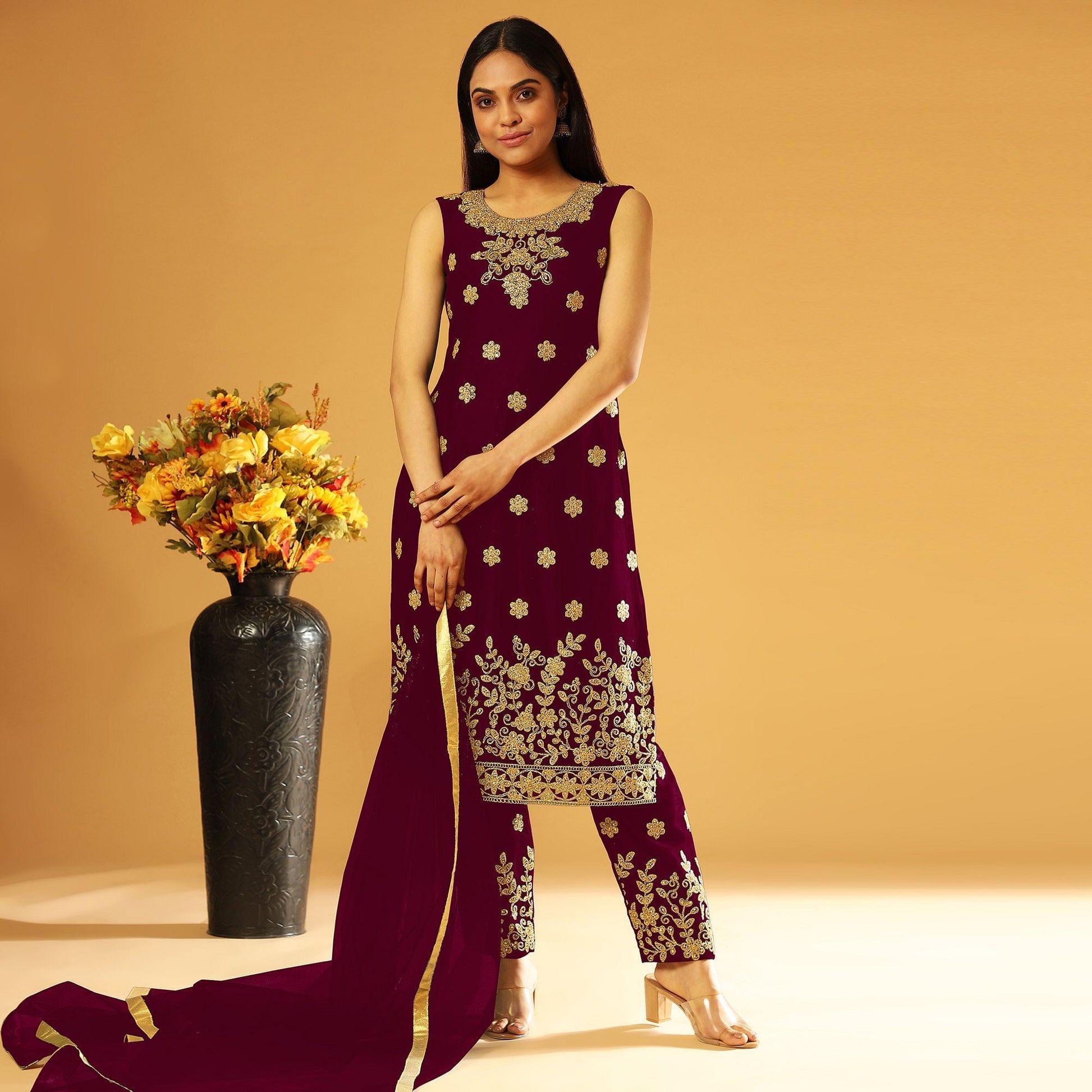 Maroon Embroidery & Cording Work Net Partywear Suit With Koti