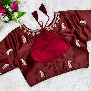 Maroon Exquisite Hand-Embroidered Methu Silk Blouse