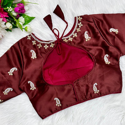 Maroon Exquisite Hand-Embroidered Methu Silk Blouse