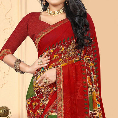 Maroon Festive Wear Abstract Printed  Work Georgette Designer Saree