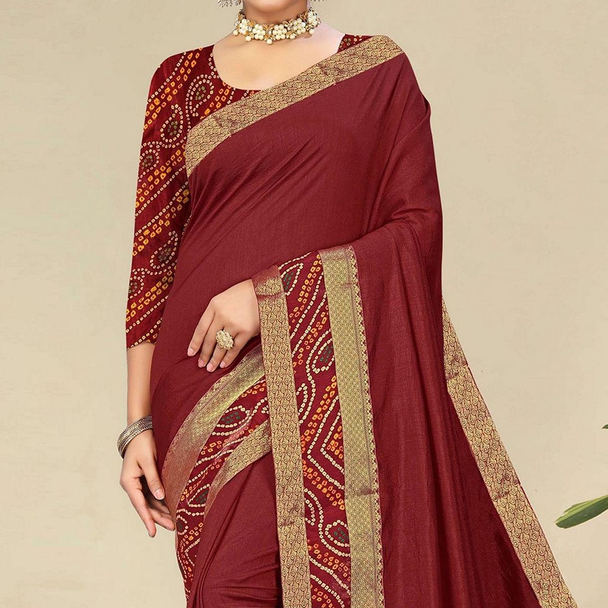 Maroon Festive Wear Bandhani Printed Border Silk Designer Saree