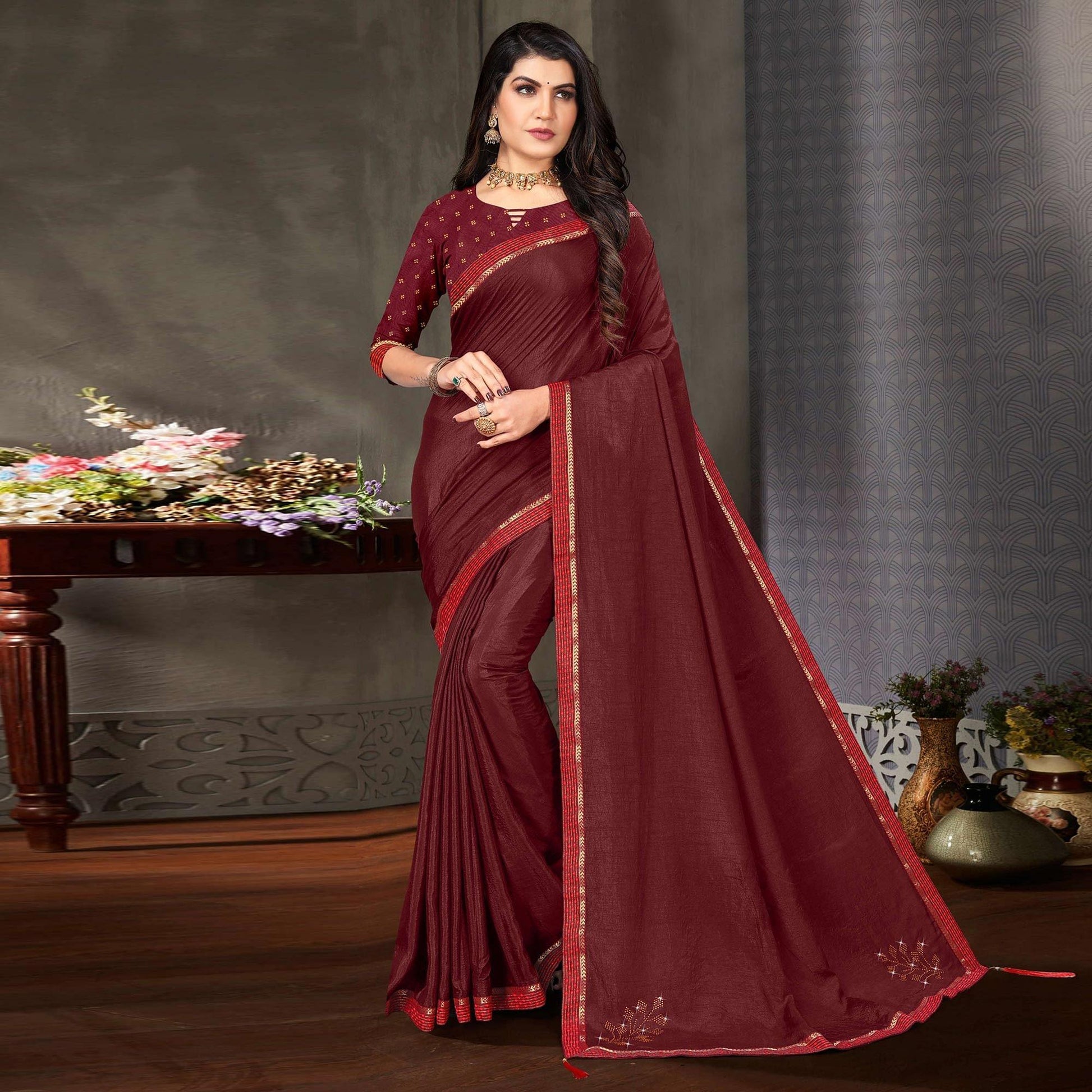 Maroon Festive Wear Embellished Art Silk Saree