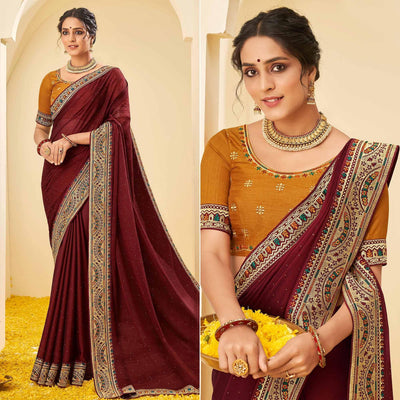 Maroon Festive Wear Embellished Chiffon Saree With Heavy Lace