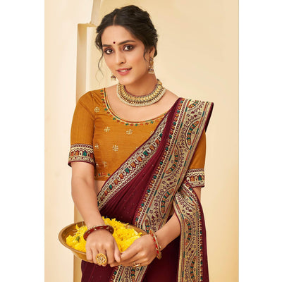 Maroon Festive Wear Embellished Chiffon Saree With Heavy Lace