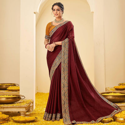 Maroon Festive Wear Embellished Chiffon Saree With Heavy Lace