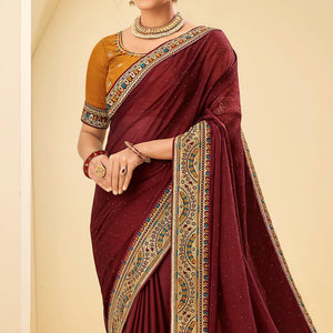Maroon Festive Wear Embellished Chiffon Saree With Heavy Lace