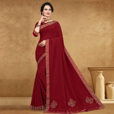 Maroon Festive Wear Embellished Vichitra Silk Saree
