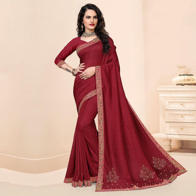 Maroon Festive Wear Embellished Vichitra Silk Saree