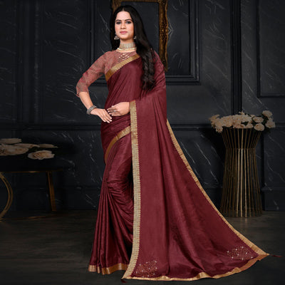 Maroon Festive Wear Embellished Vichitra Silk Saree