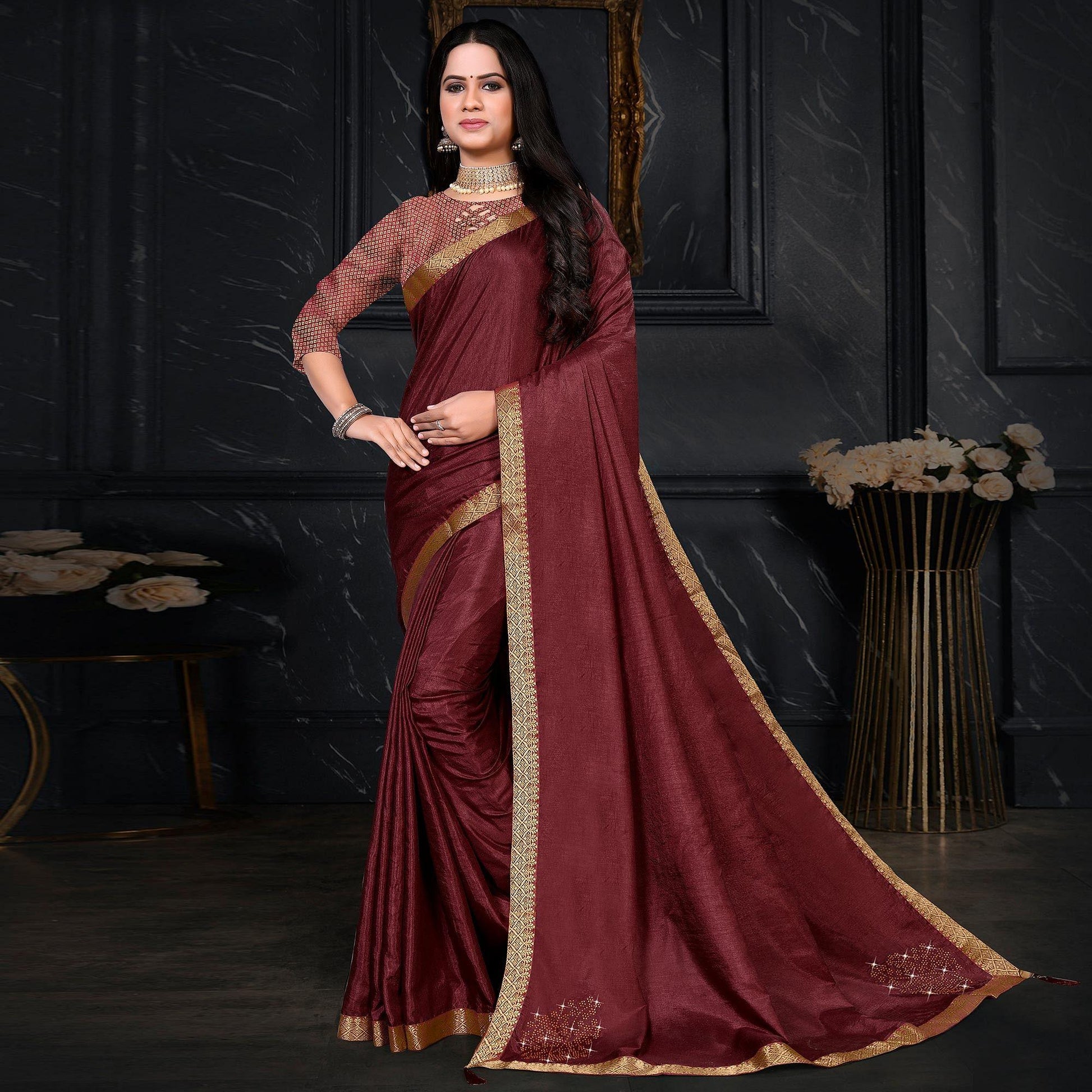 Maroon Festive Wear Embellished Vichitra Silk Saree
