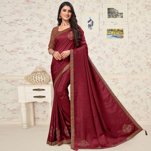 Maroon Festive Wear Embellished Vichitra Silk Saree