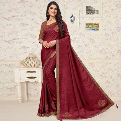 Maroon Festive Wear Embellished Vichitra Silk Saree
