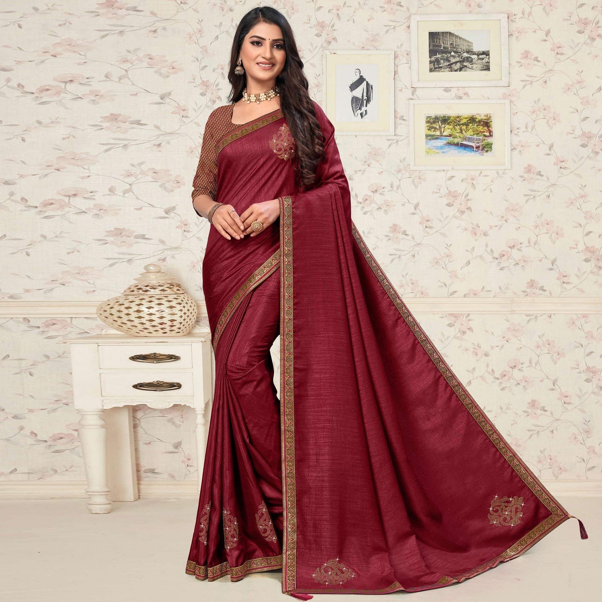 Maroon Festive Wear Embellished Vichitra Silk Saree