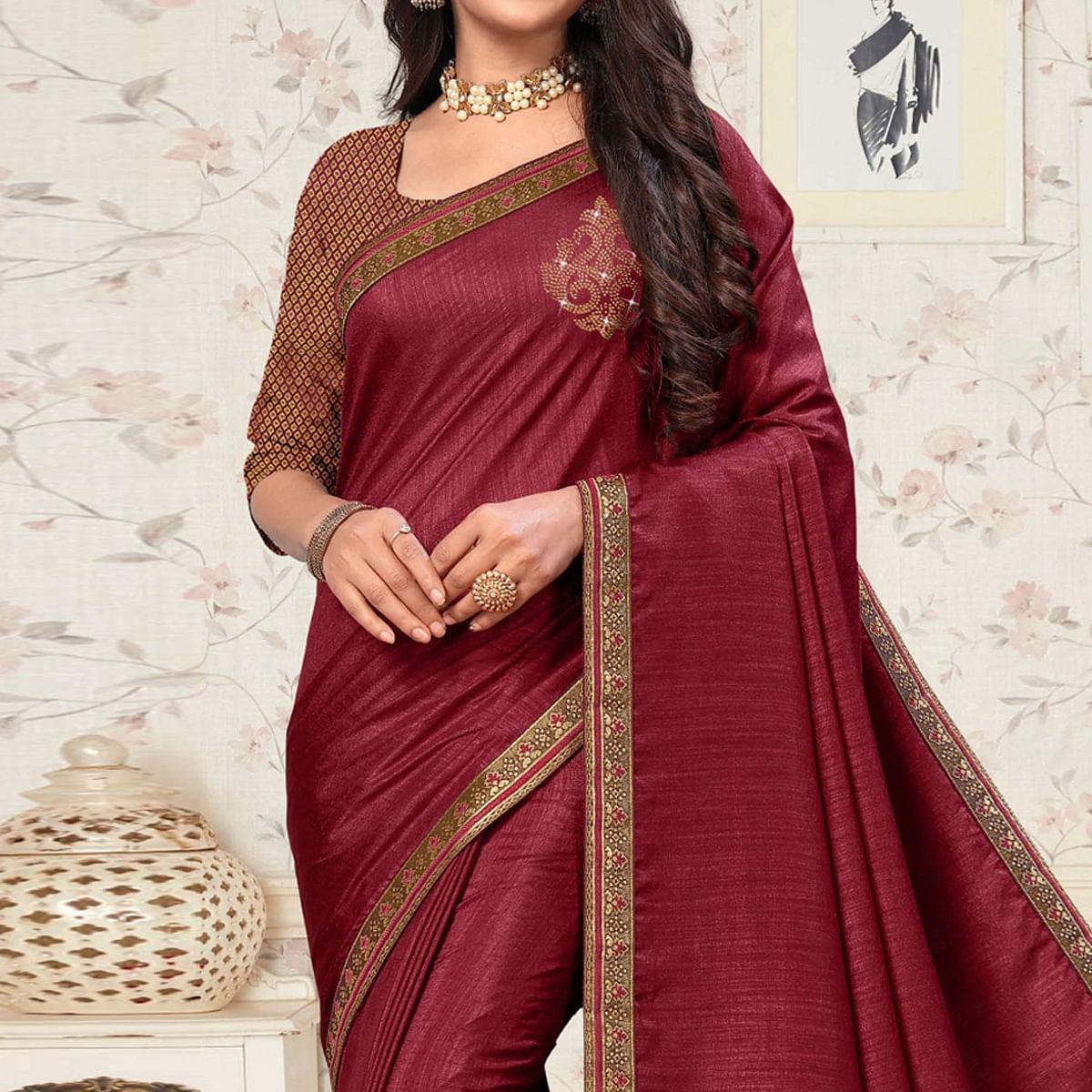 Maroon Festive Wear Embellished Vichitra Silk Saree
