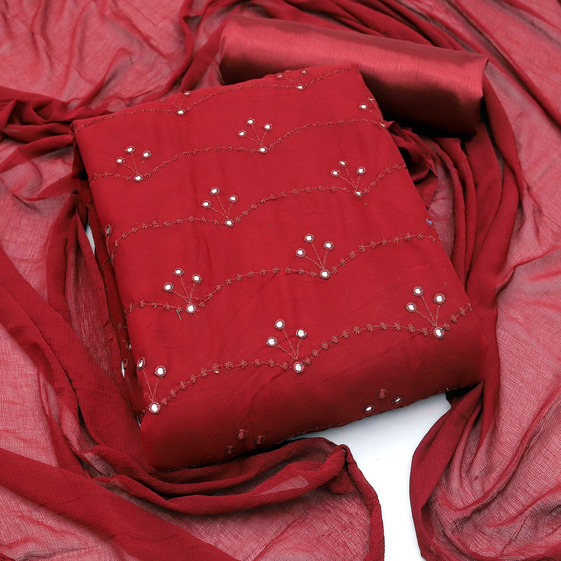 Maroon Festive Wear Embellished With Embroidered Georgette Dress Material