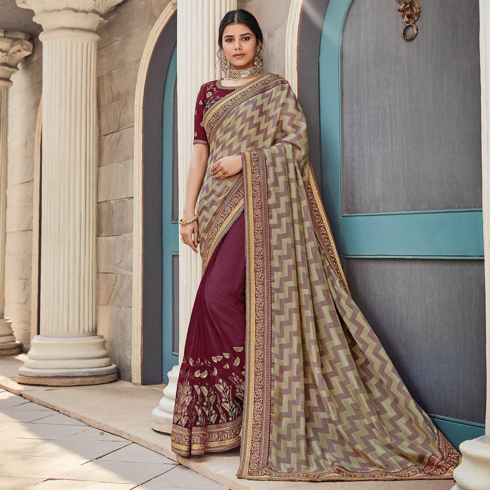 Maroon Festive Wear Embroidered Art Silk Saree