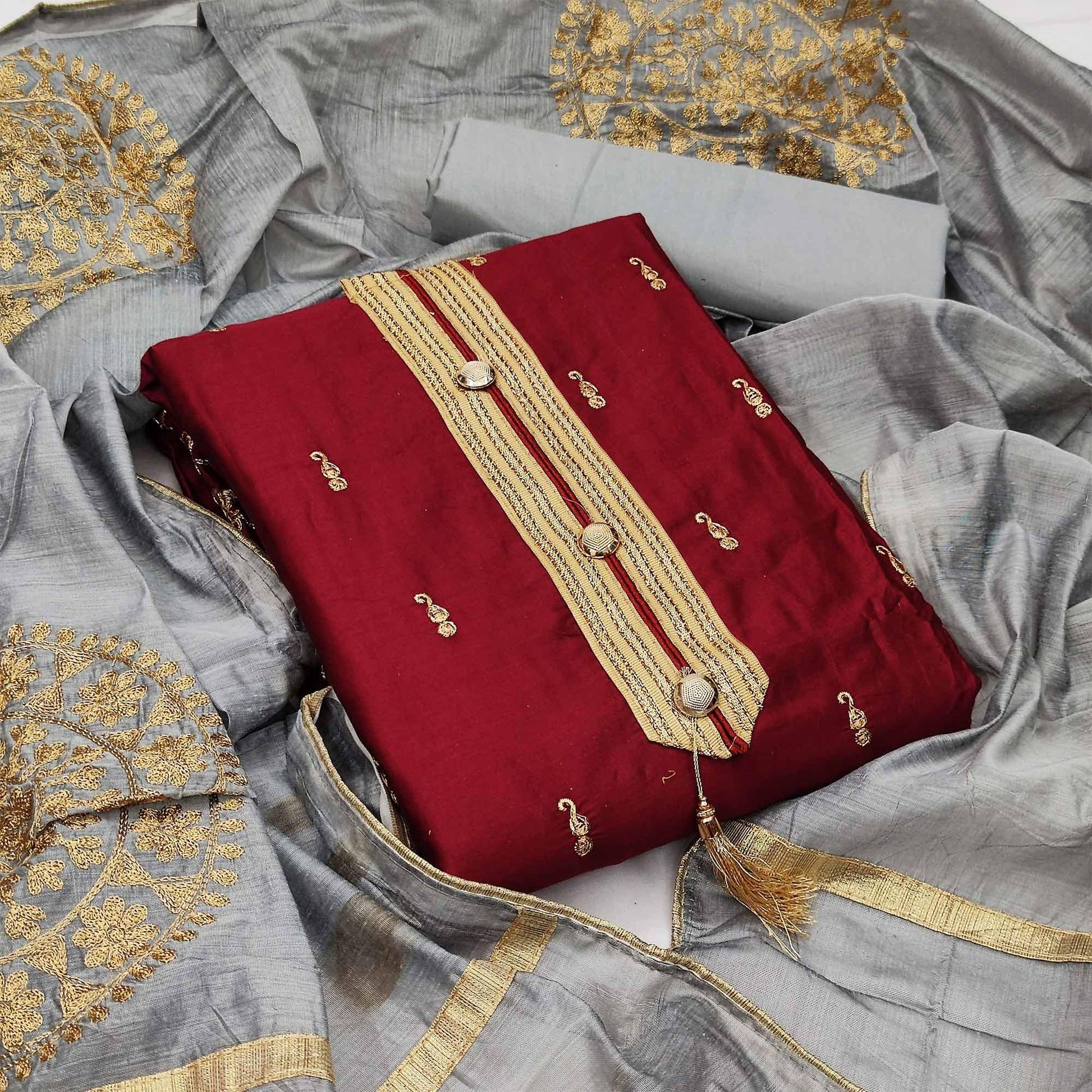 Maroon Festive Wear Embroidered Cotton Dress Material