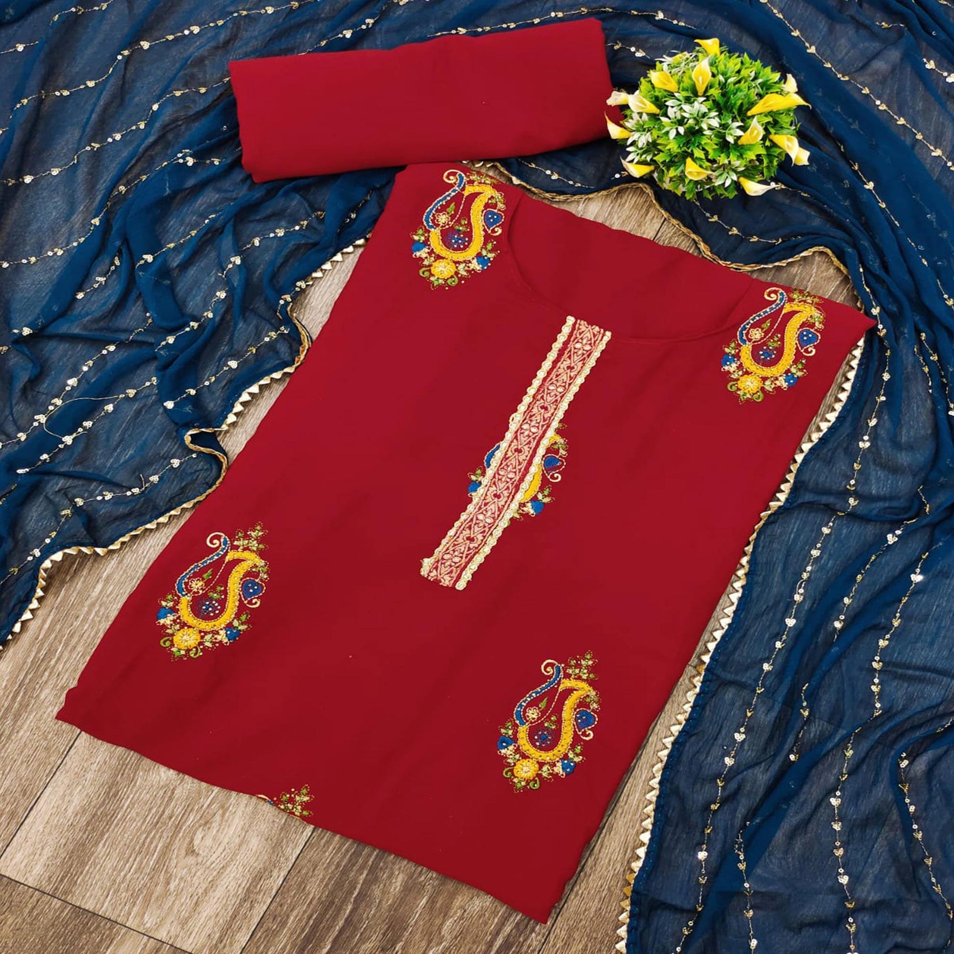 Maroon Festive Wear Embroidered Cotton Dress Material