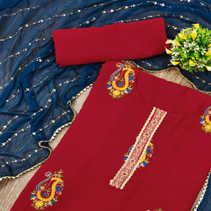 Maroon Festive Wear Embroidered Cotton Dress Material