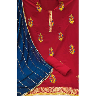 Maroon Festive Wear Embroidered Cotton Dress Material