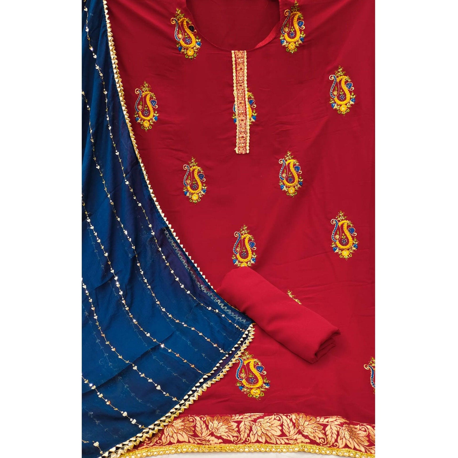 Maroon Festive Wear Embroidered Cotton Dress Material