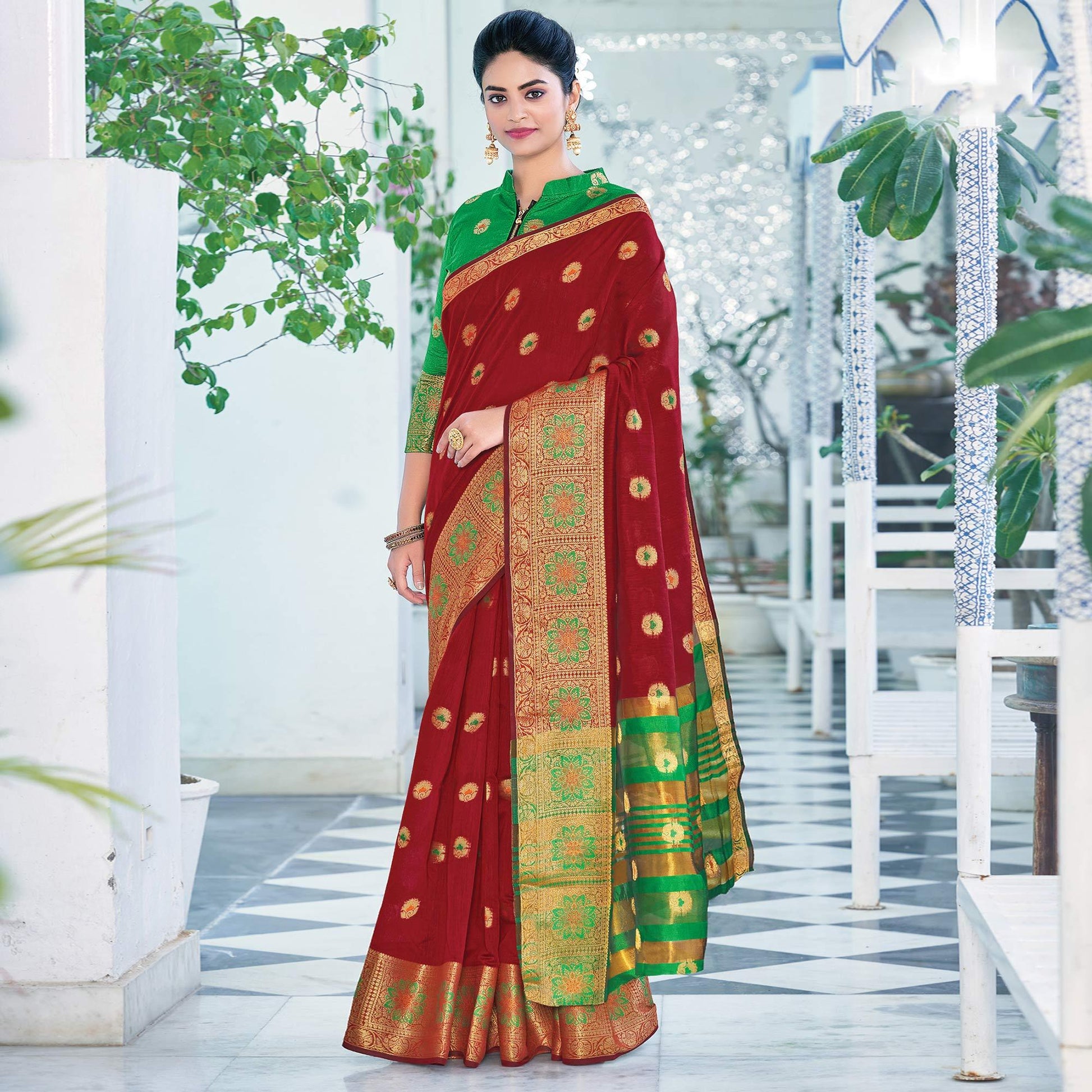 Maroon Festive Wear Embroidered Cotton Saree