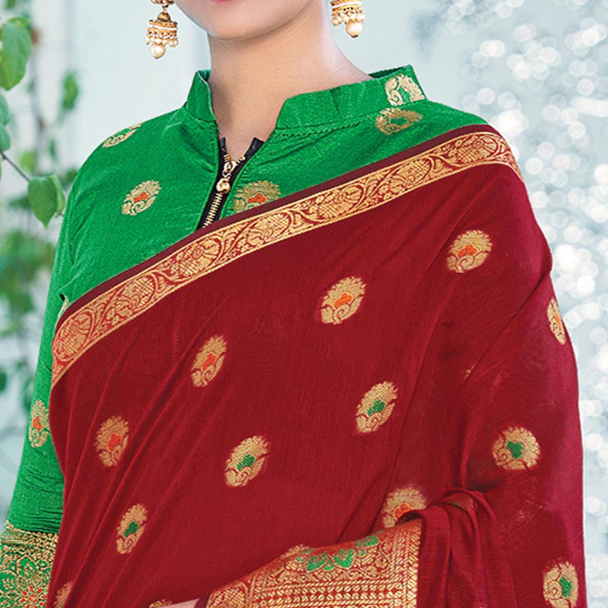 Maroon Festive Wear Embroidered Cotton Saree