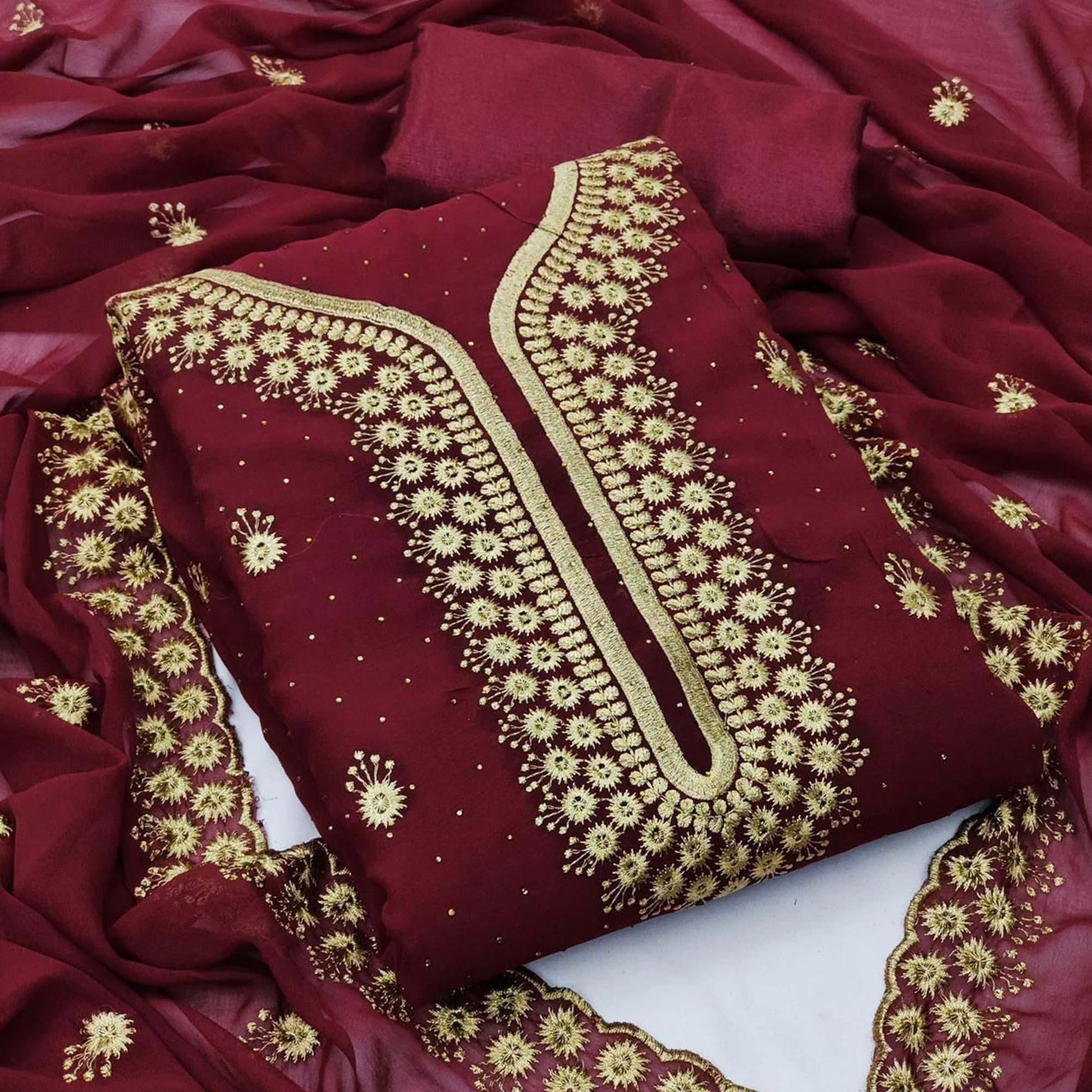 Maroon Festive Wear Embroidered Georgette Dress Material