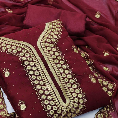Maroon Festive Wear Embroidered Georgette Dress Material
