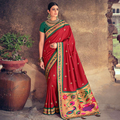 Maroon Festive Wear Embroidered Silk Paithani Saree
