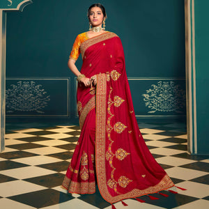 Maroon Festive Wear Embroidered Silk Saree