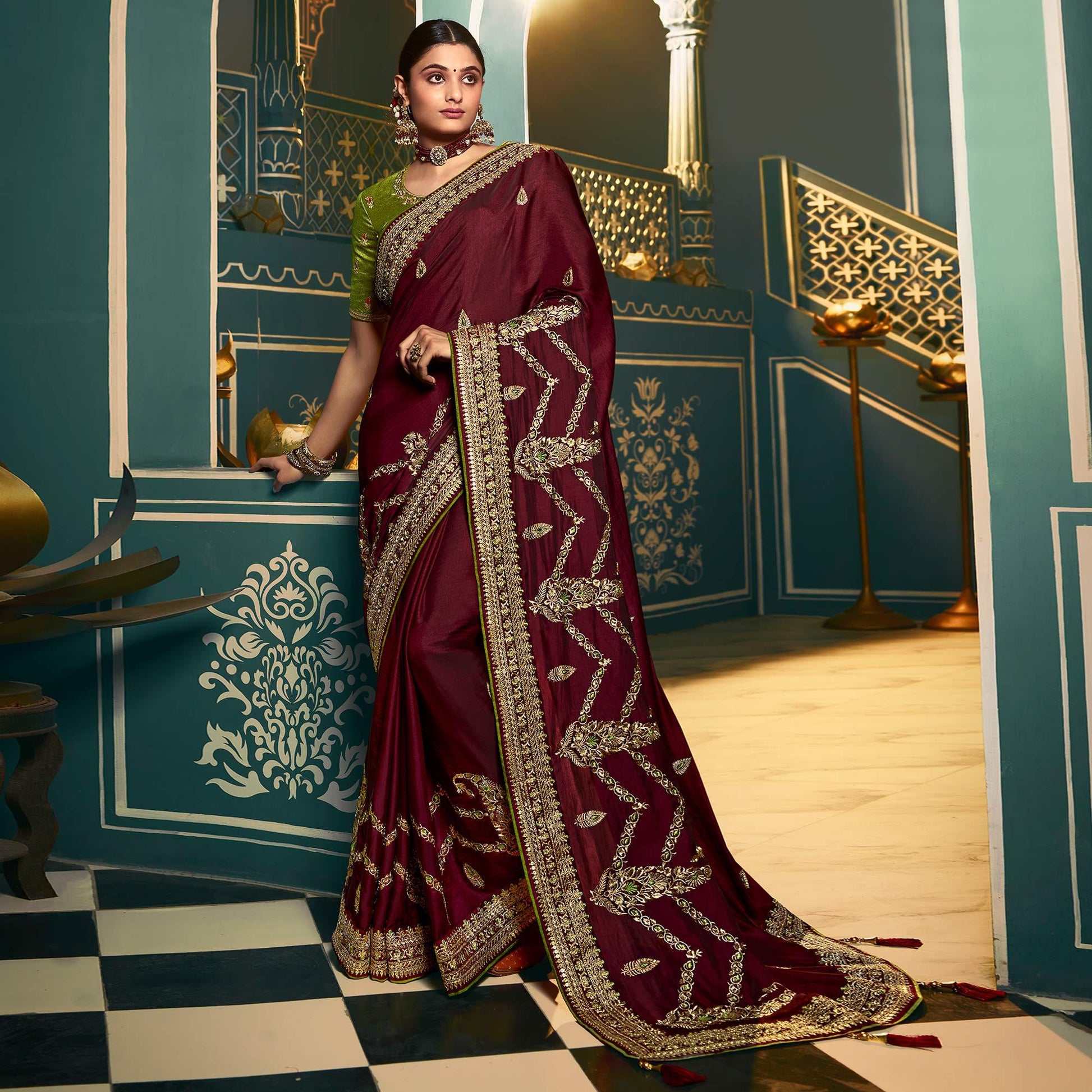 Maroon Festive Wear Embroidered Silk Saree