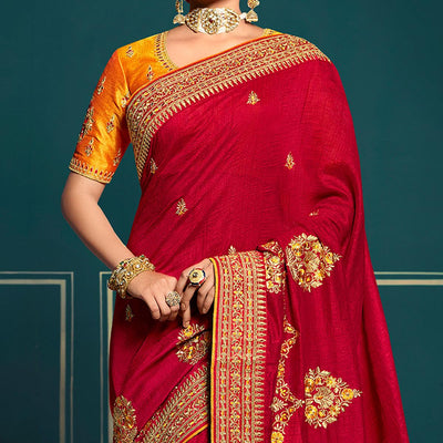 Maroon Festive Wear Embroidered Silk Saree