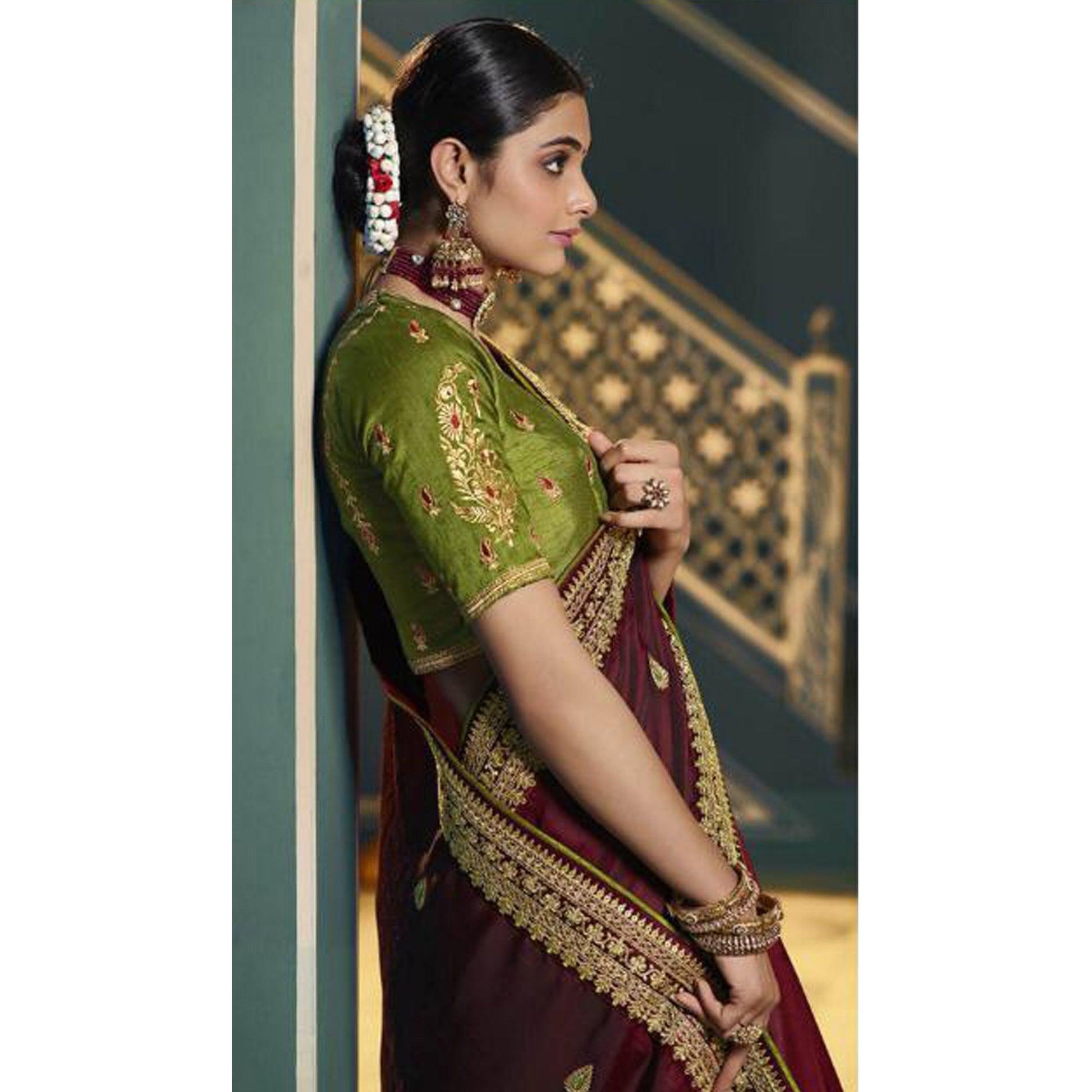 Maroon Festive Wear Embroidered Silk Saree