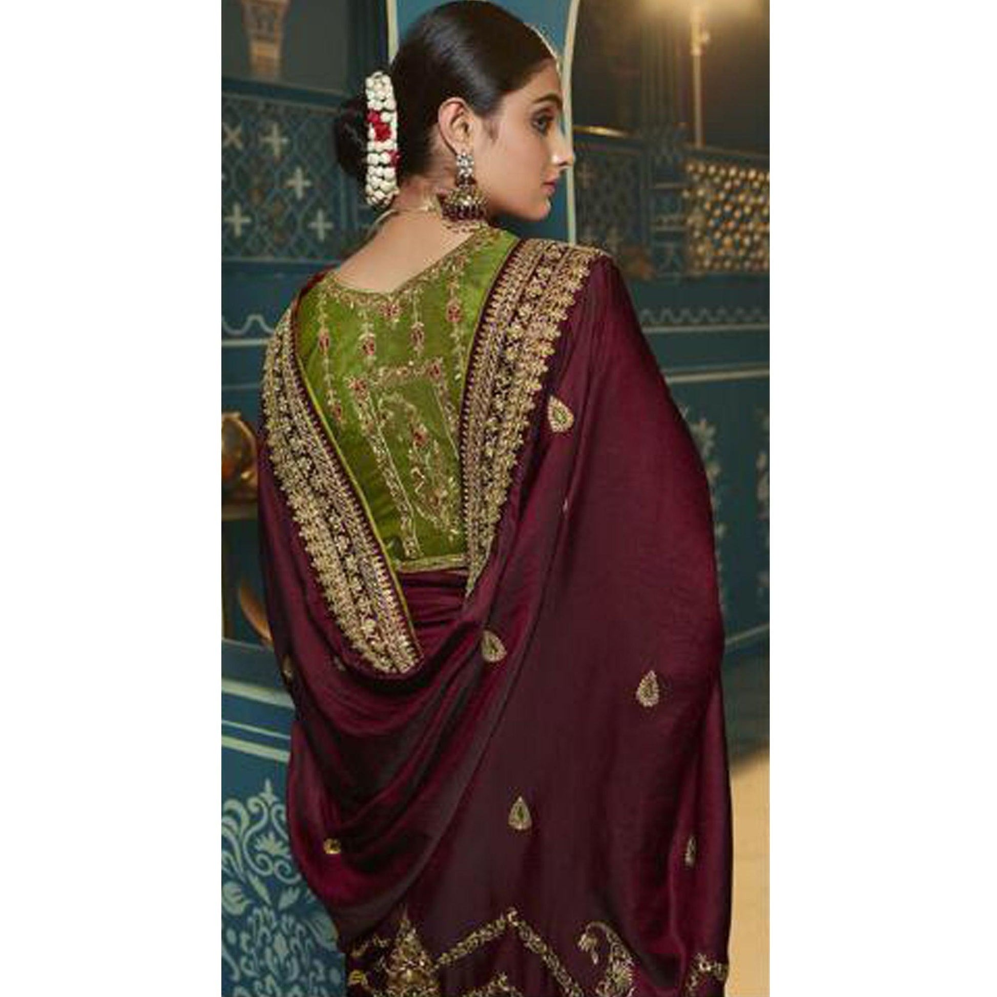Maroon Festive Wear Embroidered Silk Saree