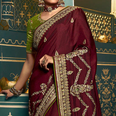 Maroon Festive Wear Embroidered Silk Saree