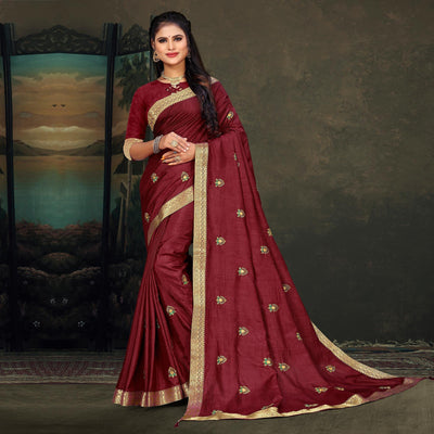 Maroon Festive Wear Embroidered Vichitra Silk Saree